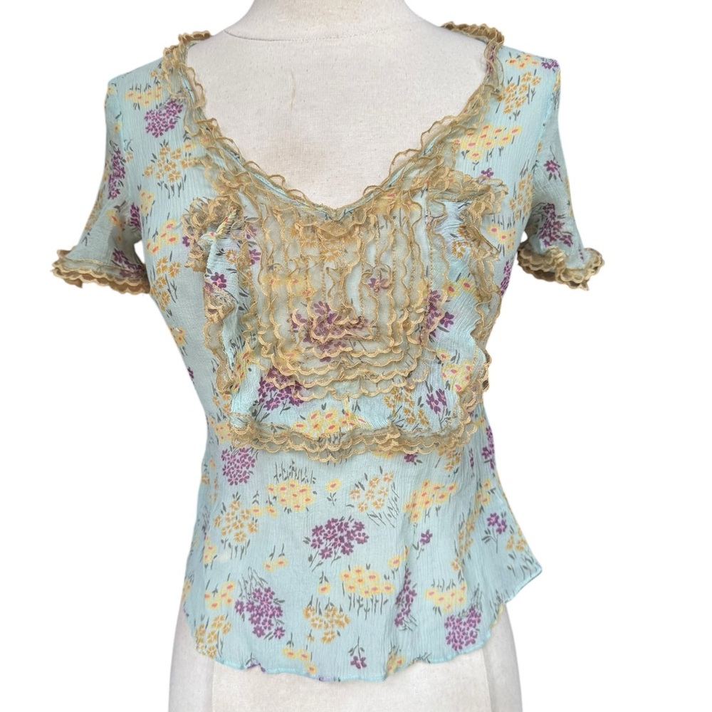 Y2K Free People Sheer 100% Silk Floral Lace Trim Call‎ Me Baby Blouse